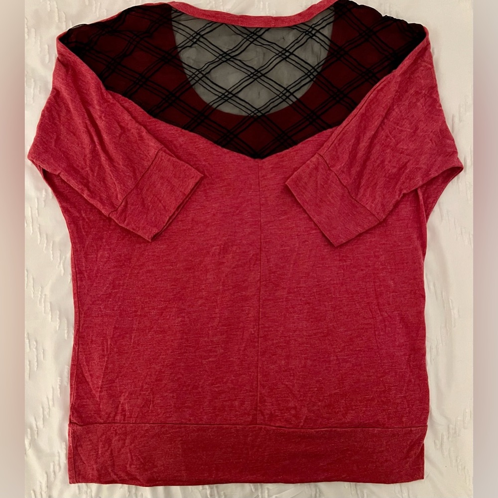 Maurices Dark Red 3/4 Sleeve Top with Cutout Lace Back, Size M